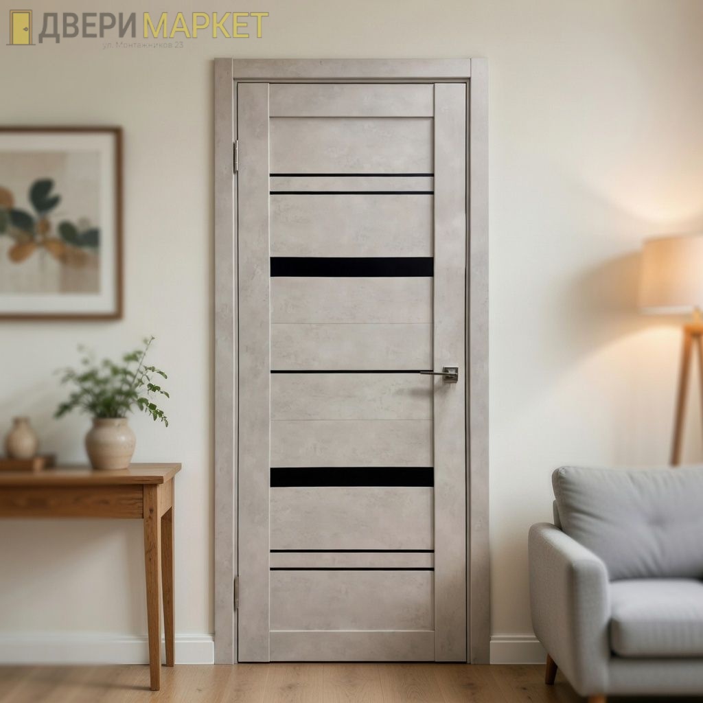 Межкомнатная дверь Vida 32 (Бетон снежный/черное стекло)